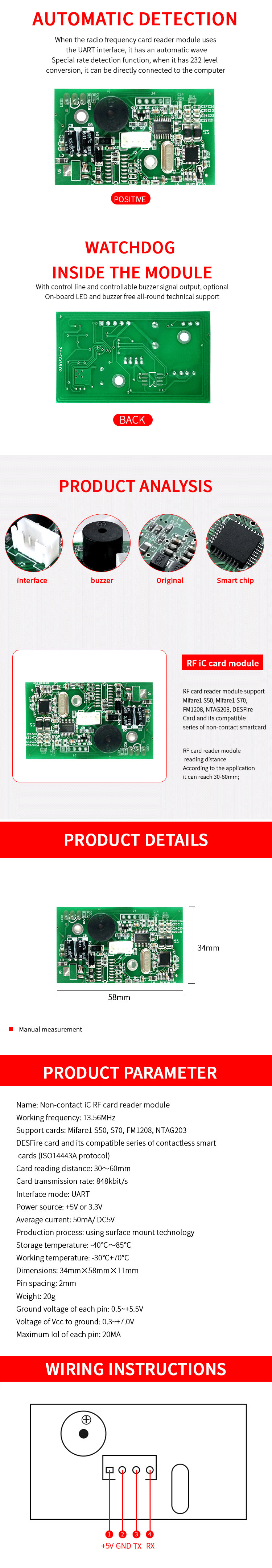 13,56 МГц M1 IC ISO14443A TYPE A RS485 RS232 UART интерфейс RFID-карты считывателя