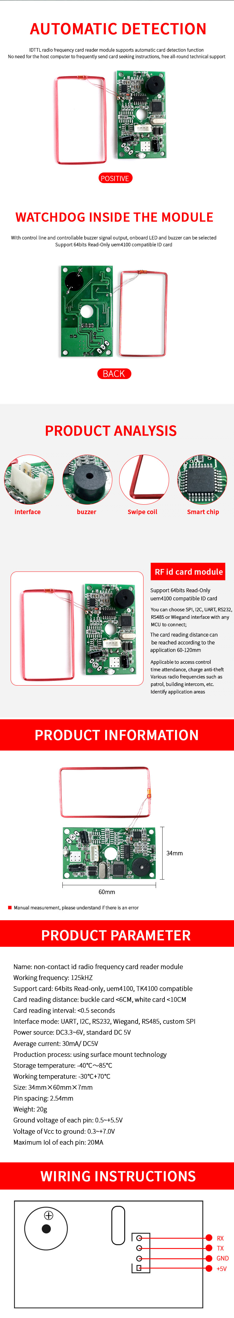 TK4001 EM4100 125 кГц Wiegand 26 34 RS232 UART RS485 интерфейсный модуль считывателя карт